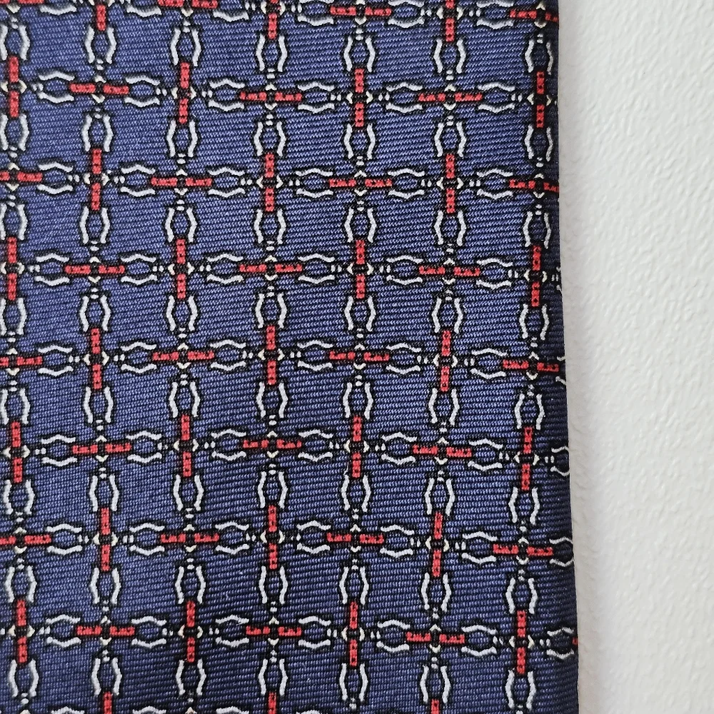 Vintage Hardy Amies London Silk Tie Navy Red Geometric Chain Pattern Luxury